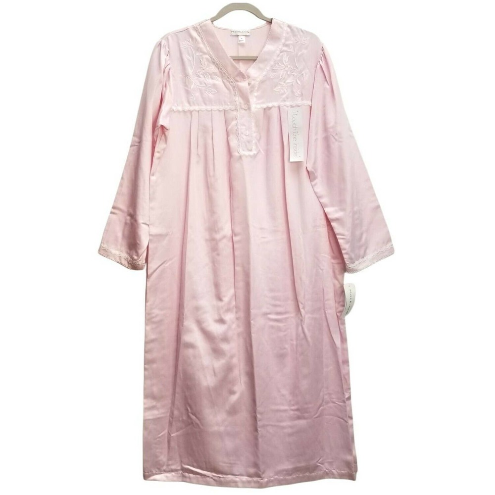 NWT Miss Elaine Sz M Pink Satin Nightgown Lounge Long Sleeve Cotton Blend
